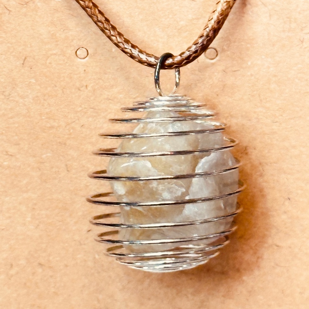 925 Sterling Silver Plated Genuine Milky Quartz Crystal Spiral Wire Wrapped Cage